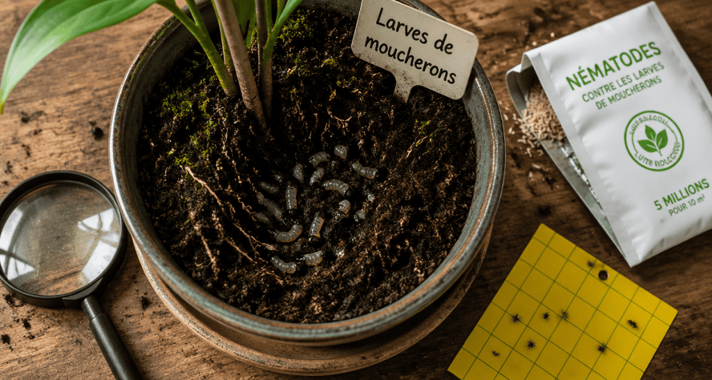 Larve moucheron visible dans terreau de plante en pot