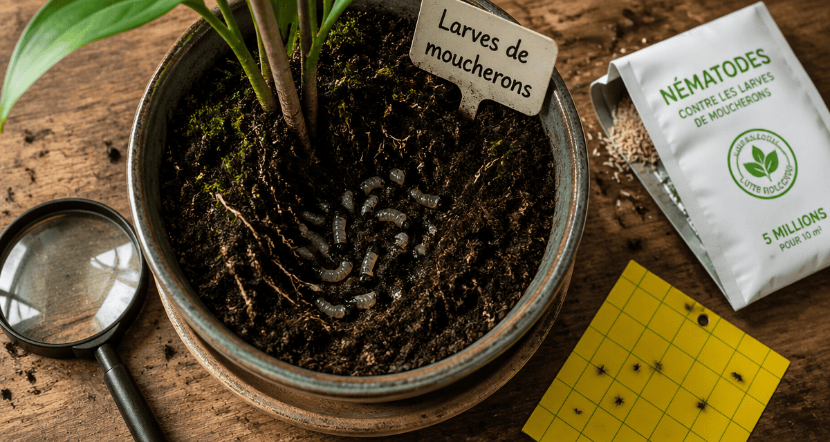 Larve moucheron visible dans terreau de plante en pot