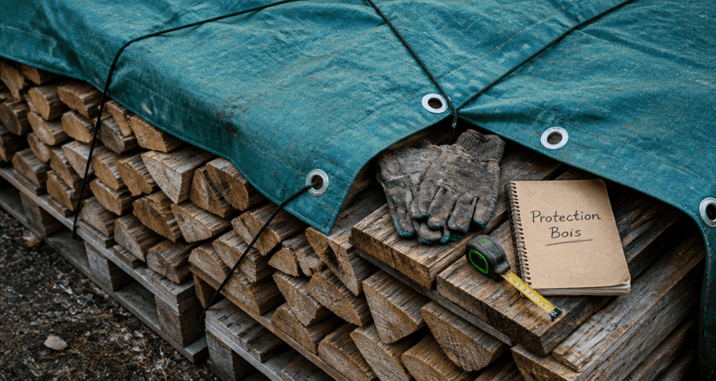 bache pour bois sur bûches palettes