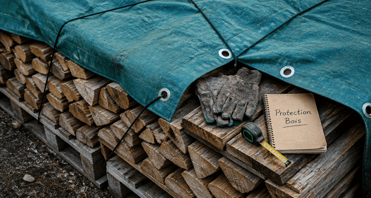 bache pour bois sur bûches palettes