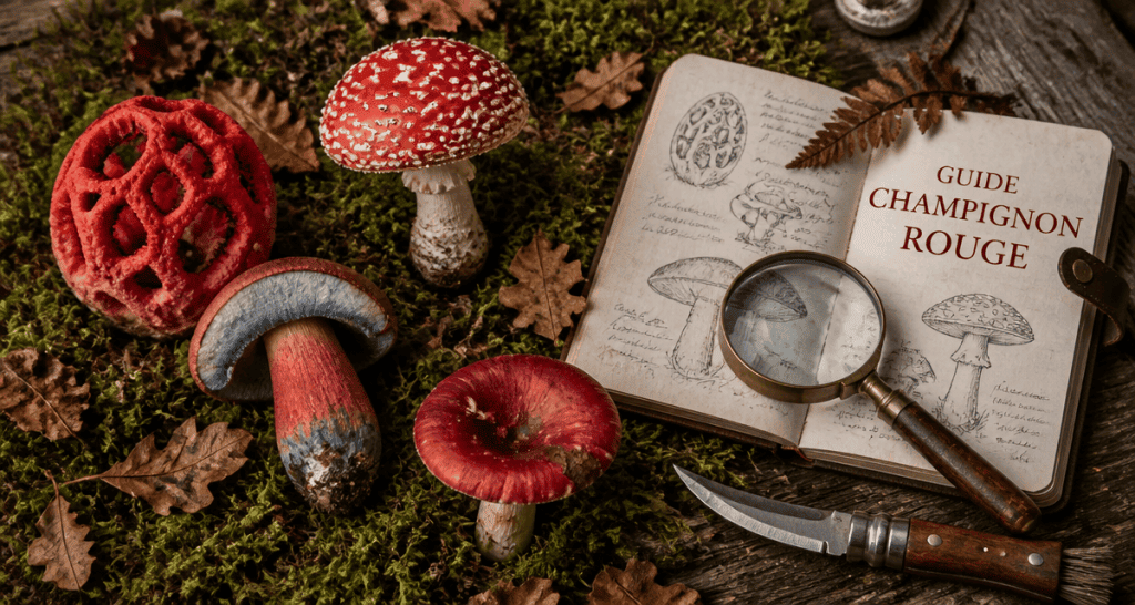 champignon rouge variétés sur table en bois