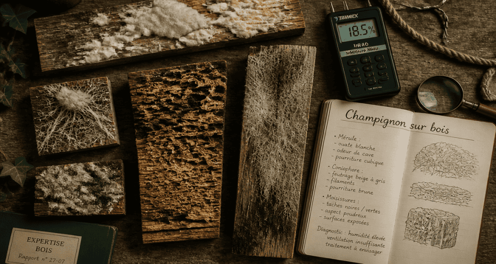 champignon sur bois sur planches abîmées humidimètre
