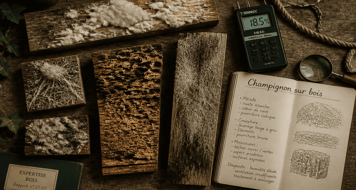 champignon sur bois sur planches abîmées humidimètre