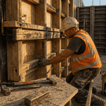 Coffrage mur en bois sur chantier avec outils