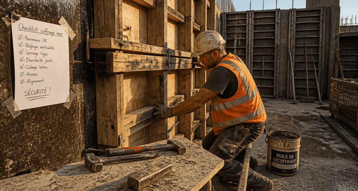 Coffrage mur en bois sur chantier avec outils