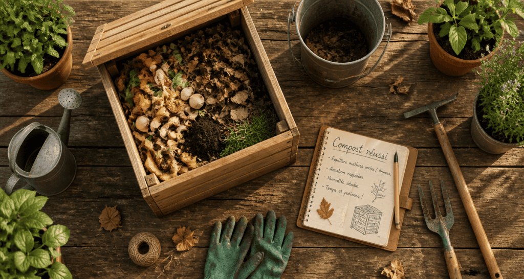 Composteur jardin avec déchets organiques et outils