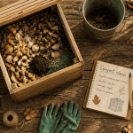 Composteur jardin avec déchets organiques et outils