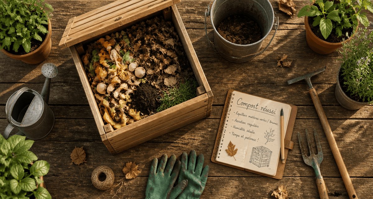 Composteur jardin avec déchets organiques et outils