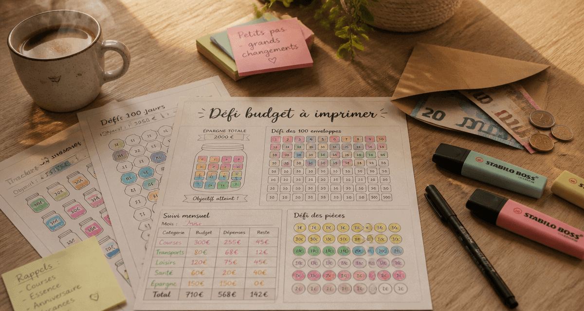 défi budget à imprimer gratuit, trackers budgétaires sur bureau