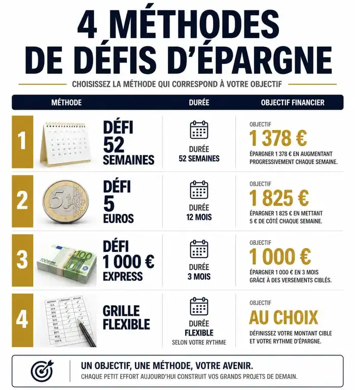 Infographie comparative des méthodes de défis épargne à imprimer