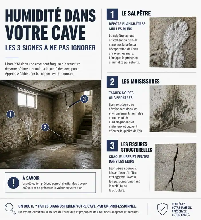 Infographie des signes d'alerte et dangers d'une cave humide