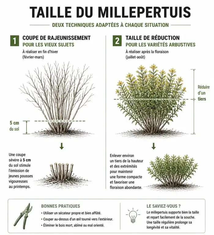Schéma illustrant les techniques de taille du millepertuis : rabattage sévère et taille de réduction annuelle.