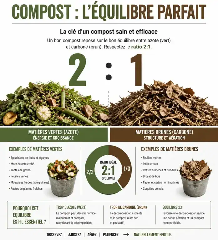 Infographie sur l'équilibre entre déchets verts et bruns pour un composteur de jardin réussi