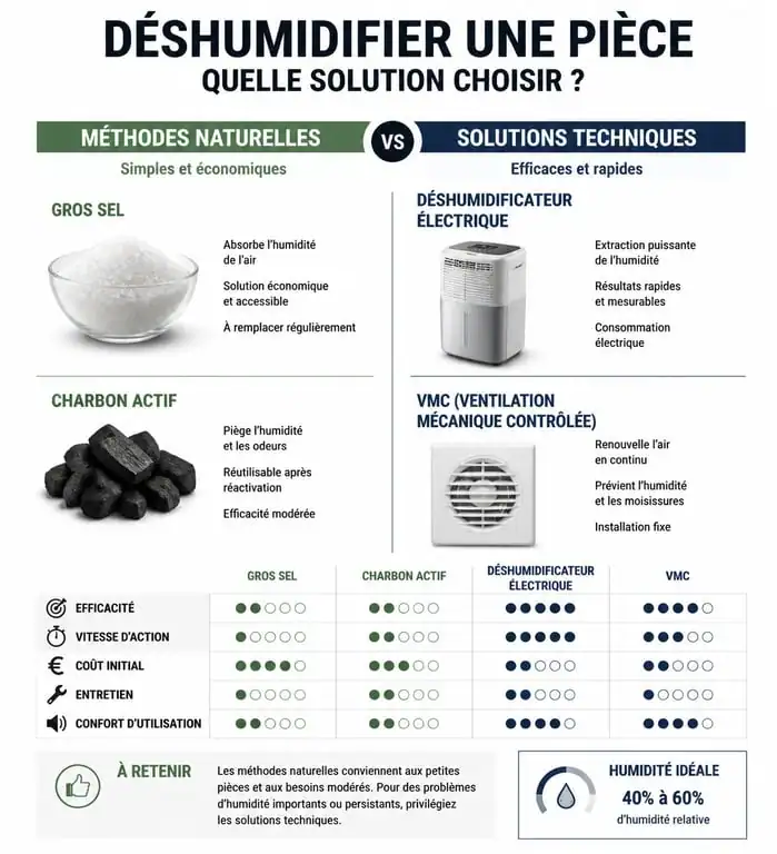 Infographie comparative des solutions pour déshumidifier une pièce et réduire l'humidité intérieure