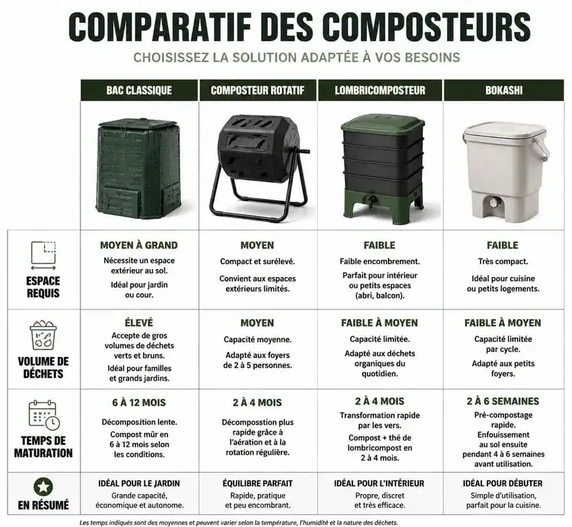 Infographie comparative pour choisir son composteur selon son habitat et ses besoins