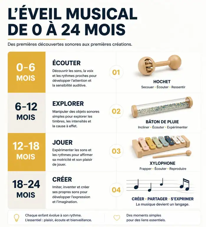 Infographie des étapes de l'éveil musical et choix des jeux musicaux pour bébé selon l'âge