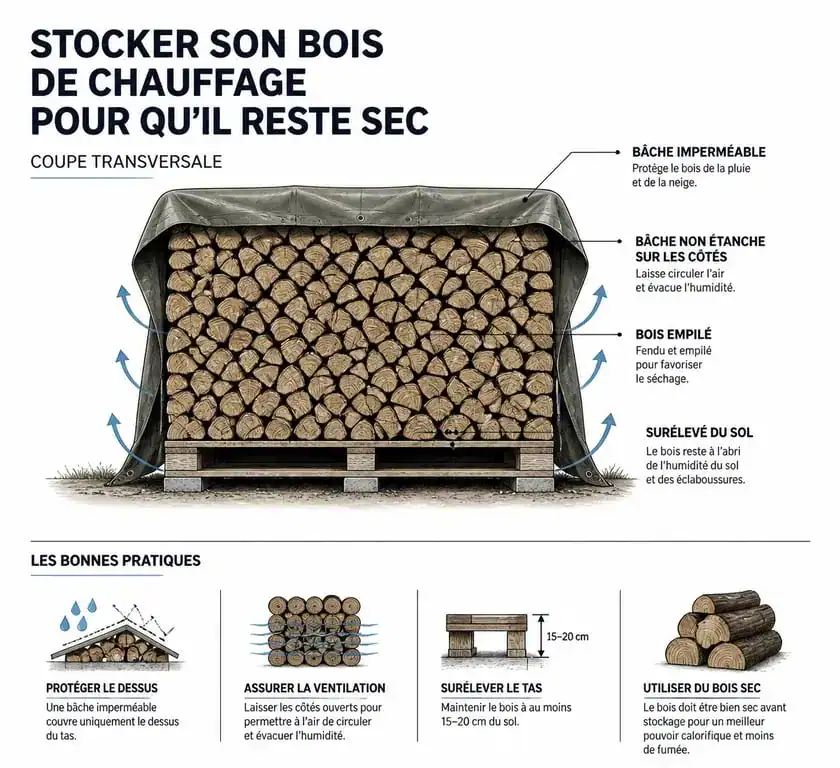 Schéma de pose d'une bâche pour bois de chauffage sur une pile surélevée