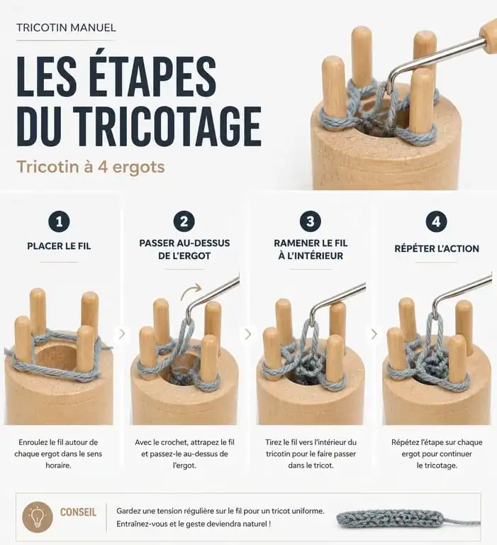 Schéma explicatif des étapes pour apprendre à utiliser un tricotin manuel et réussir son cordon en laine
