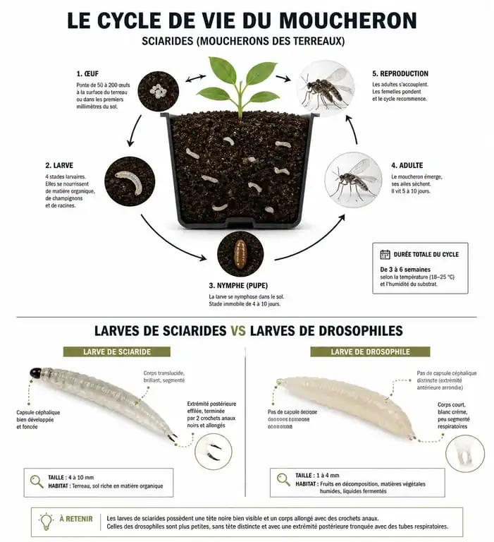 Infographie sur l'identification des larves de moucheron maison