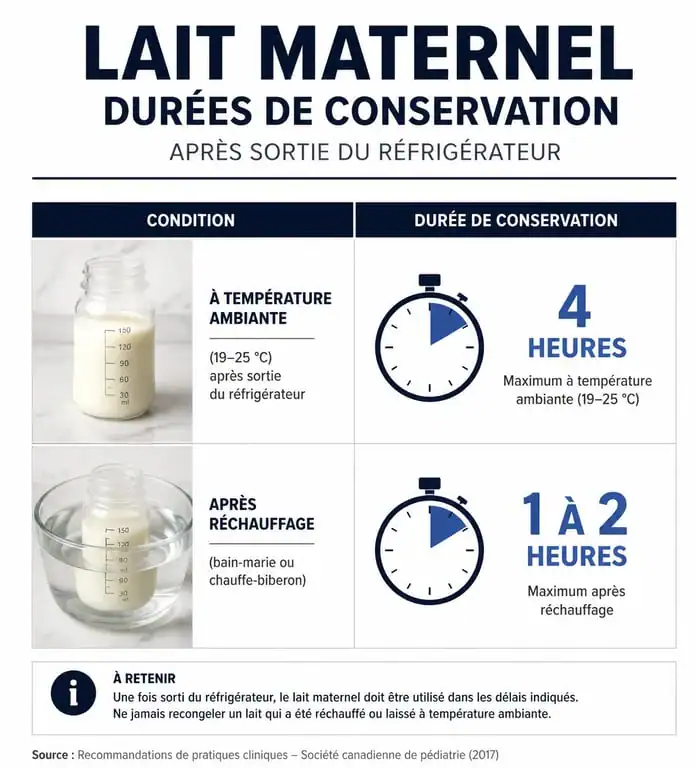 Infographie des durées de conservation du lait maternel sorti du frigo