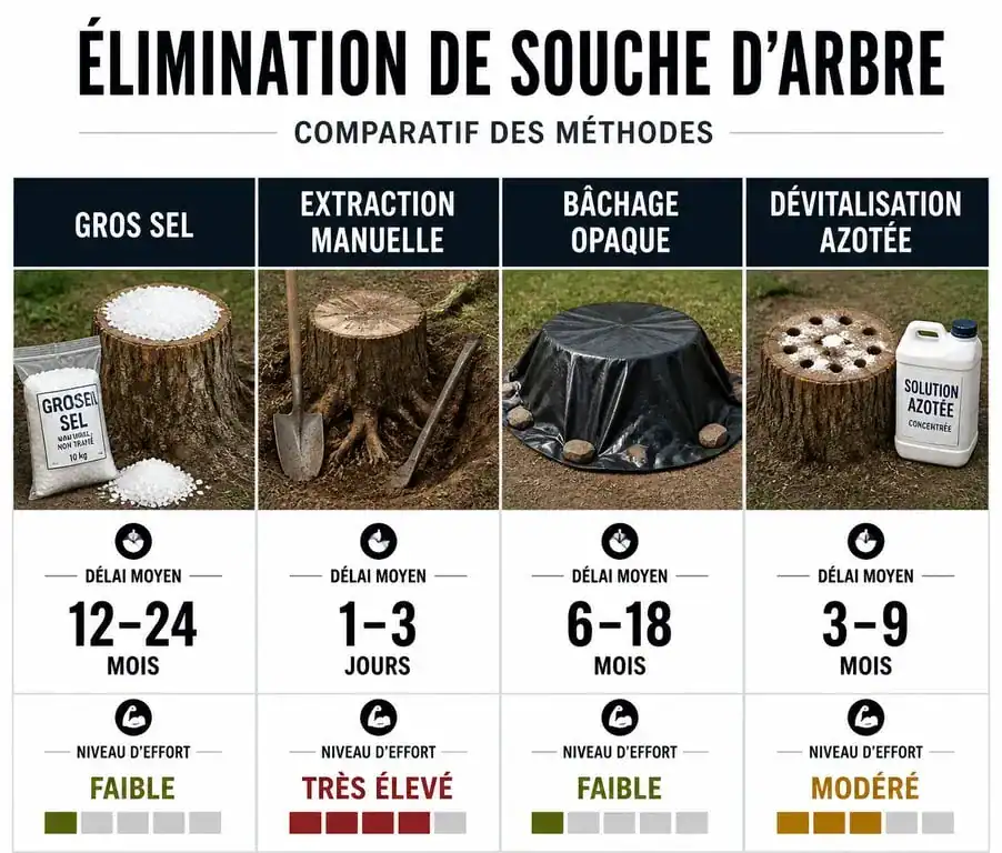 Infographie comparative des méthodes pour faire crever une souche d'arbre