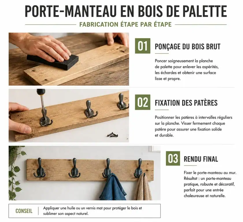 Étapes de fabrication d'un porte-manteau en palettes recyclées