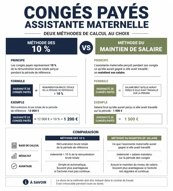Infographie comparative des méthodes de calcul des congés payés pour assistante maternelle