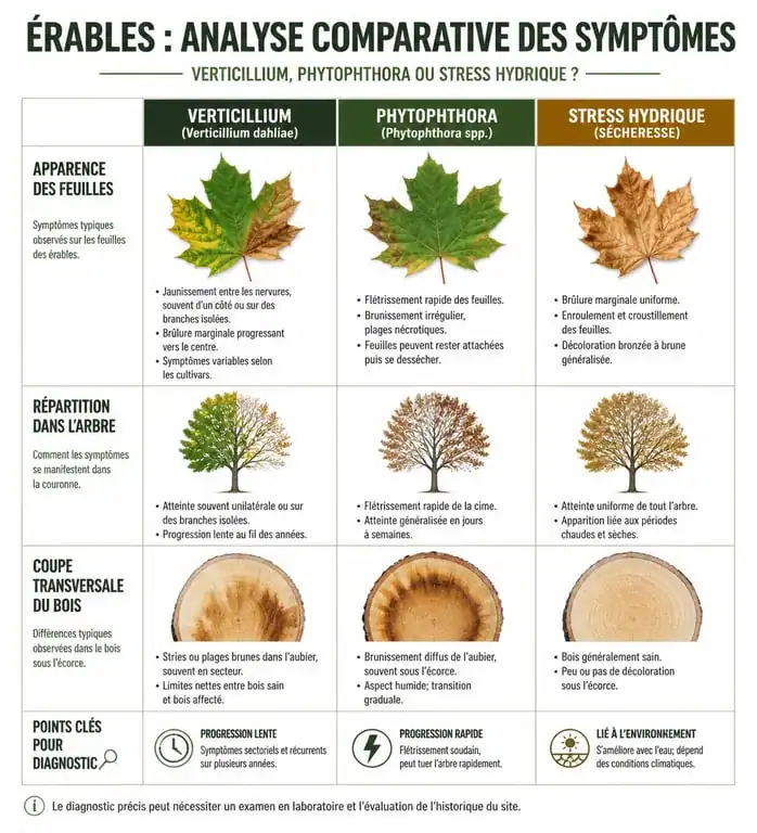 Infographie comparative des symptômes de la verticilliose sur érable