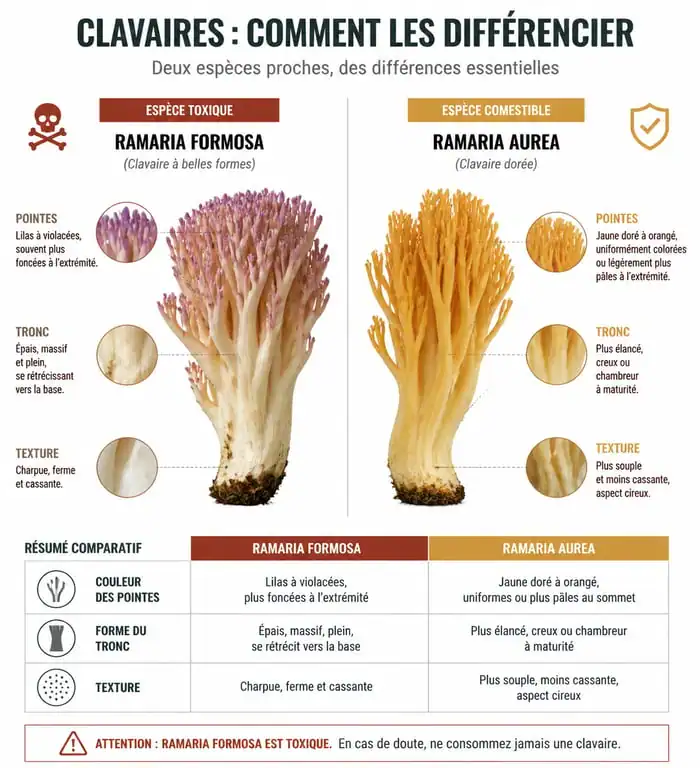 Infographie comparative pour l'identification de la clavaire toxique Ramaria formosa et de la clavaire dorée comestible