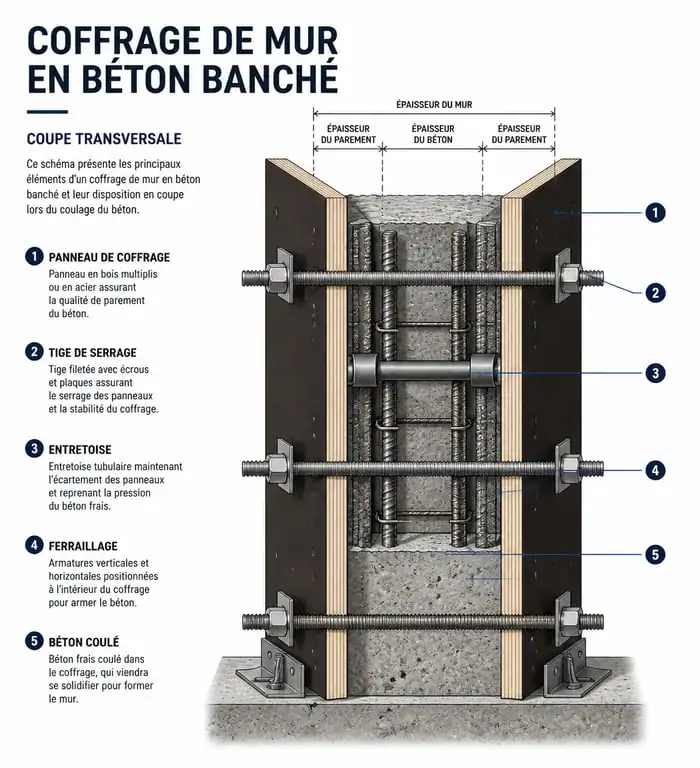 Schéma technique d'un coffrage de mur en béton banché