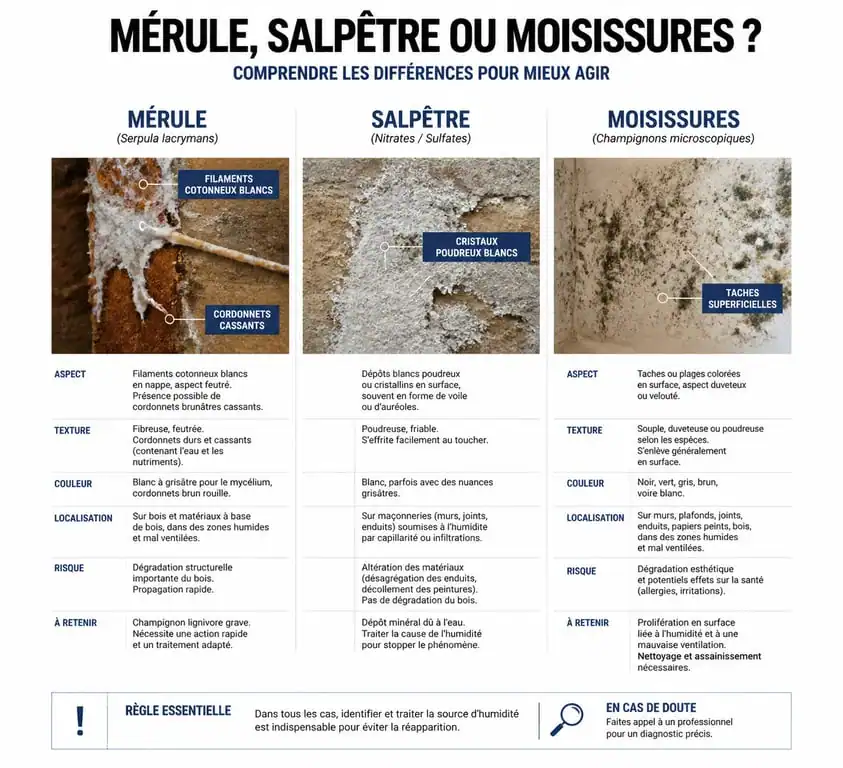 Comparatif visuel des pathologies du mur : mérule, salpêtre et moisissures
