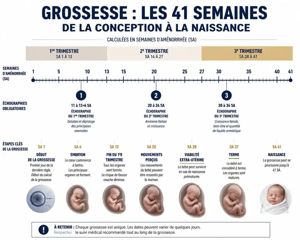 Infographie des étapes clés de la grossesse en semaines d'aménorrhée