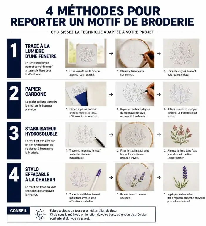 Infographie des 4 méthodes de transfert de motif broderie main gratuit pdf sur tissu
