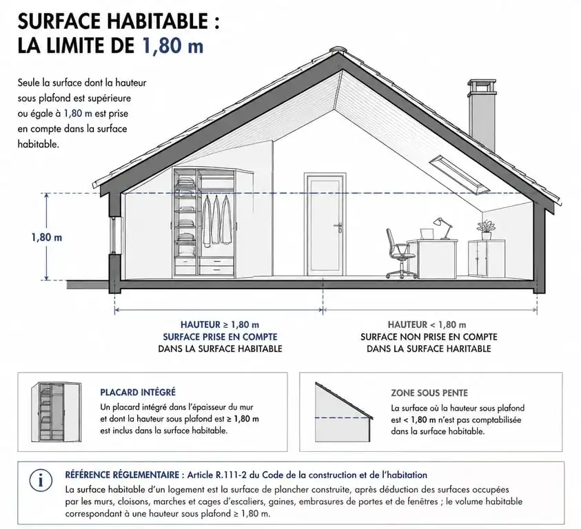 Schéma explicatif de la règle des 1,80m pour le calcul de la surface habitable et des placards