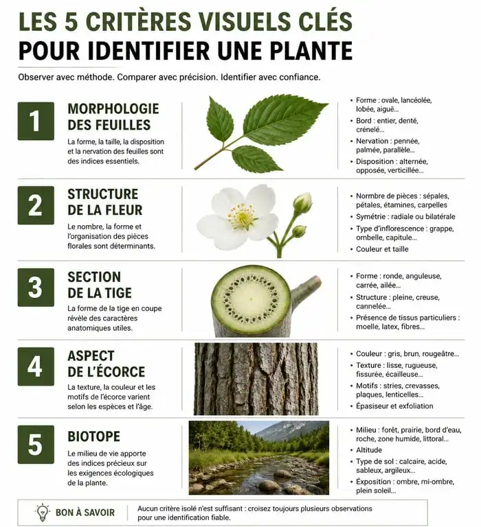 Infographie des 5 critères clés pour savoir comment reconnaitre une plante