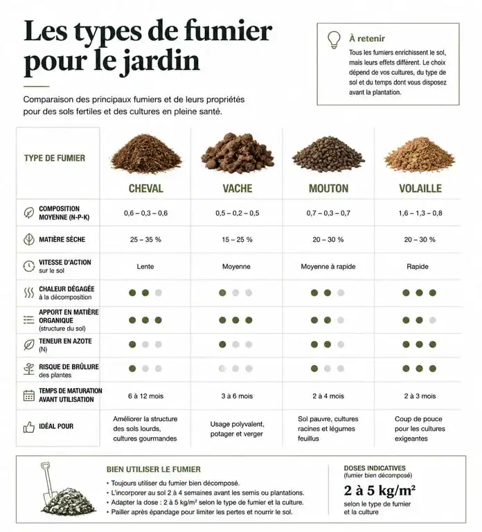 Infographie comparative des types de fumier pour le jardin et leurs usages selon le sol