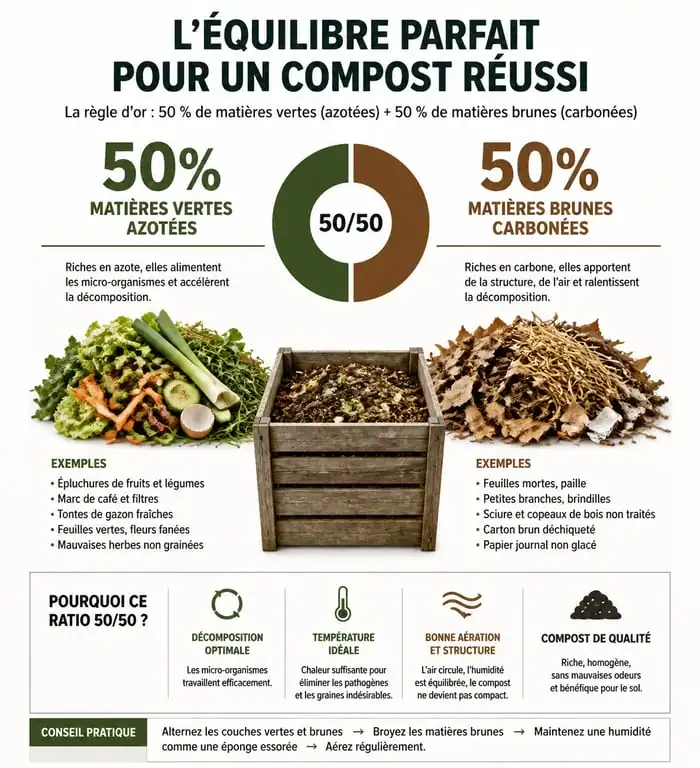 Infographie sur l'équilibre des matières dans un composteur pour réussir son compost