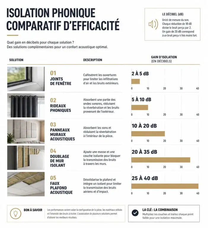 Infographie comparative de l'efficacité des solutions pour isoler phoniquement une pièce
