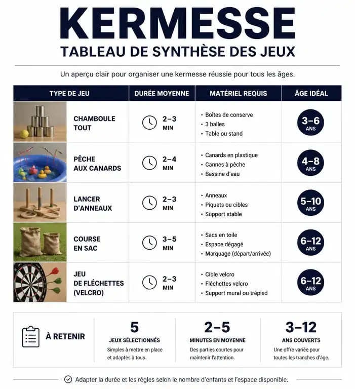Tableau récapitulatif pour organiser des jeux de kermesse : durée, matériel et âge par activité