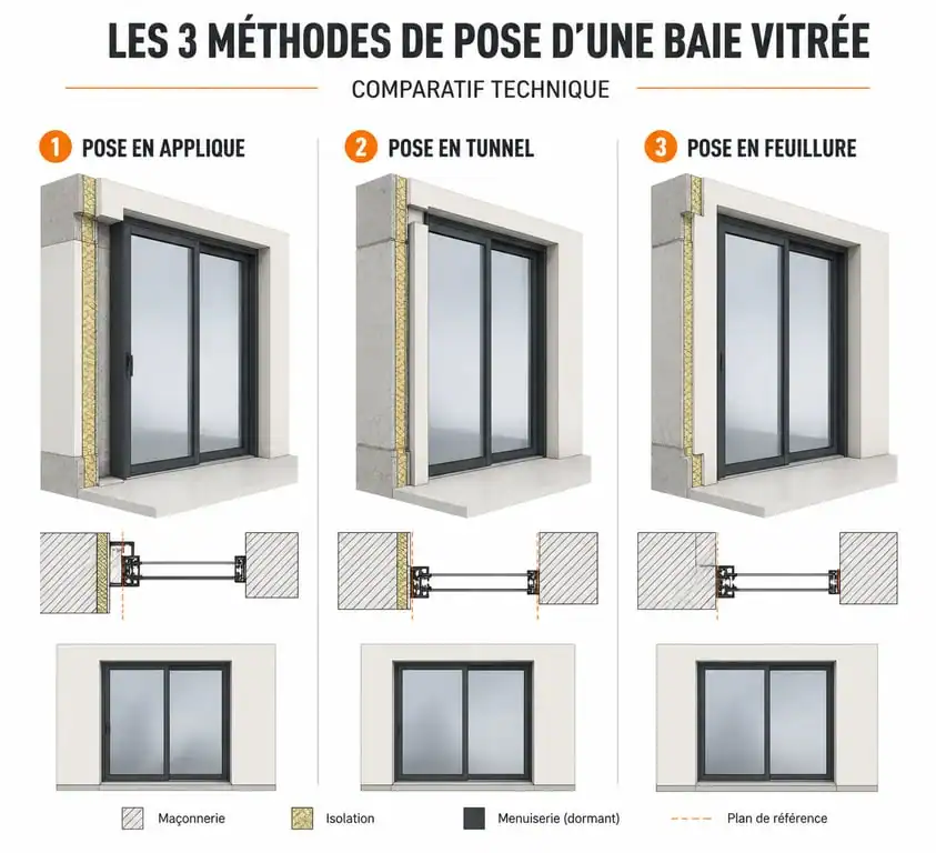 Schéma comparatif des méthodes d'installation de baie vitrée : applique, tunnel et feuillure