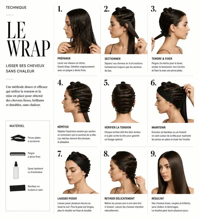Techniques naturelles pour lisser ses cheveux sans lisseur : illustration des étapes du wrap capillaire
