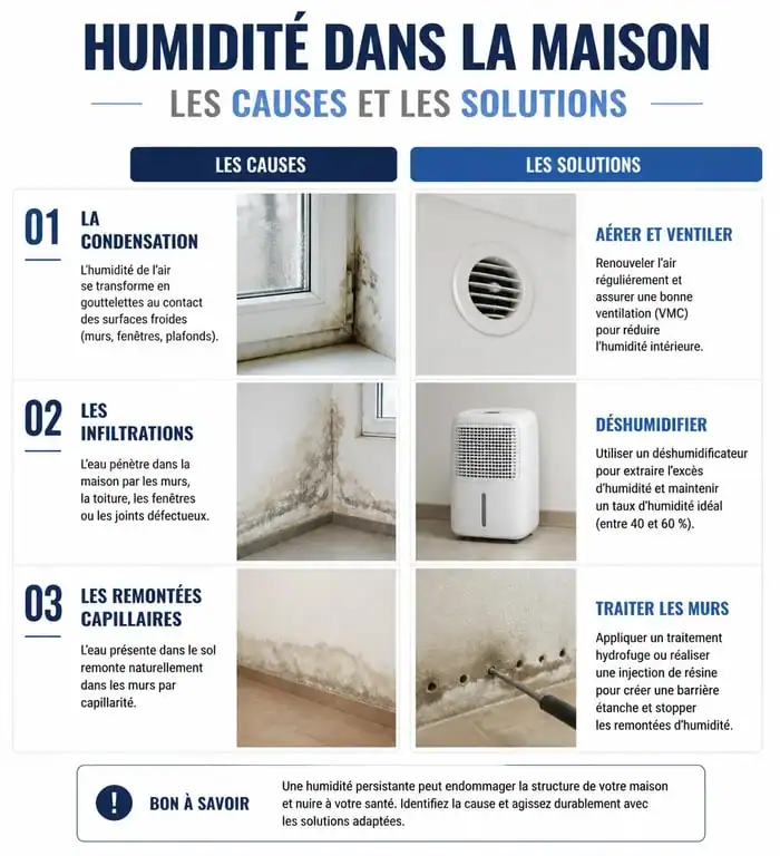 Infographie des causes et solutions pour l'odeur d'humidité dans la maison