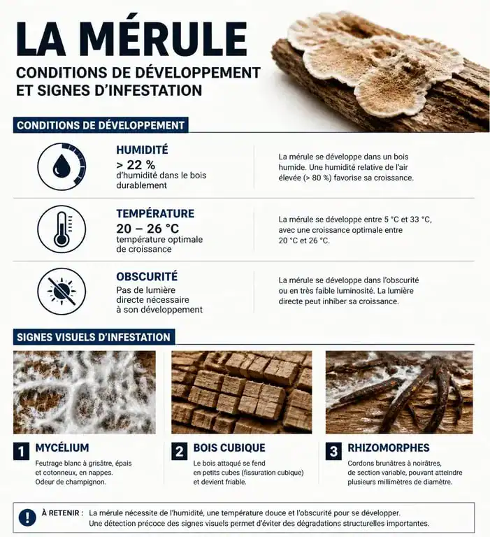 Infographie sur les conditions de développement et les signes d'alerte de la mérule pleureuse