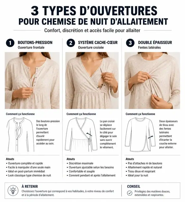 Comparatif des systèmes d'ouverture pour chemise de nuit allaitement : boutons, cache-cœur et double épaisseur.
