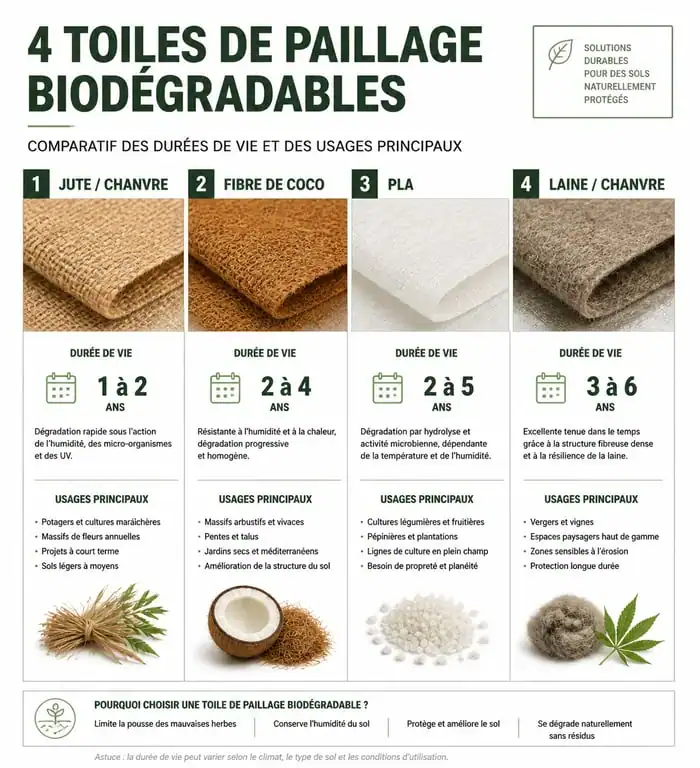 Infographie comparative des matériaux pour toile de paillage biodégradable
