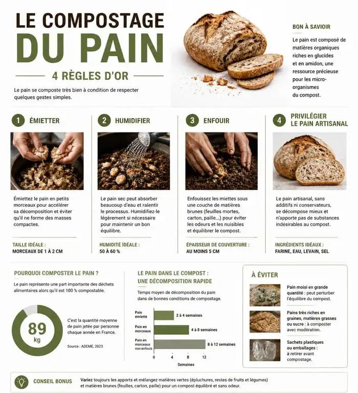 Infographie des bonnes pratiques pour mettre du pain au composteur