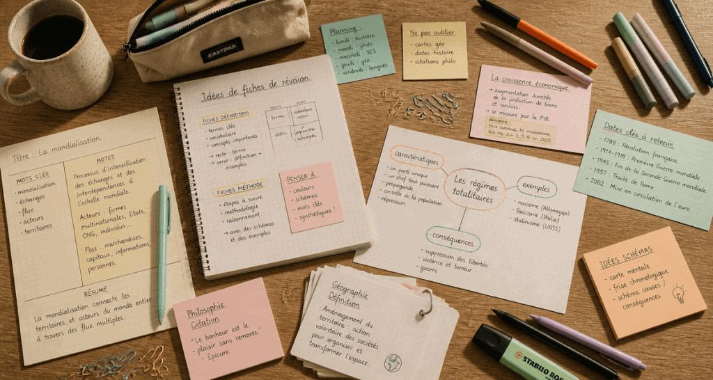 Idée de fiche de révision sur un bureau étudiant
