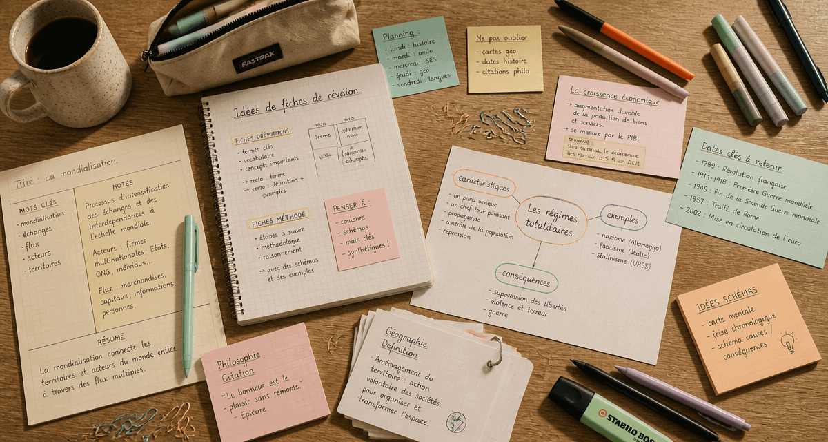 Idée de fiche de révision sur un bureau étudiant