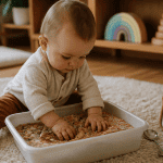jeux sensoriel bebe bac riz objets bois