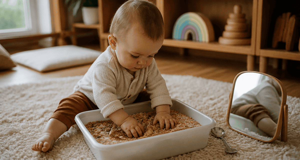 jeux sensoriel bebe bac riz objets bois